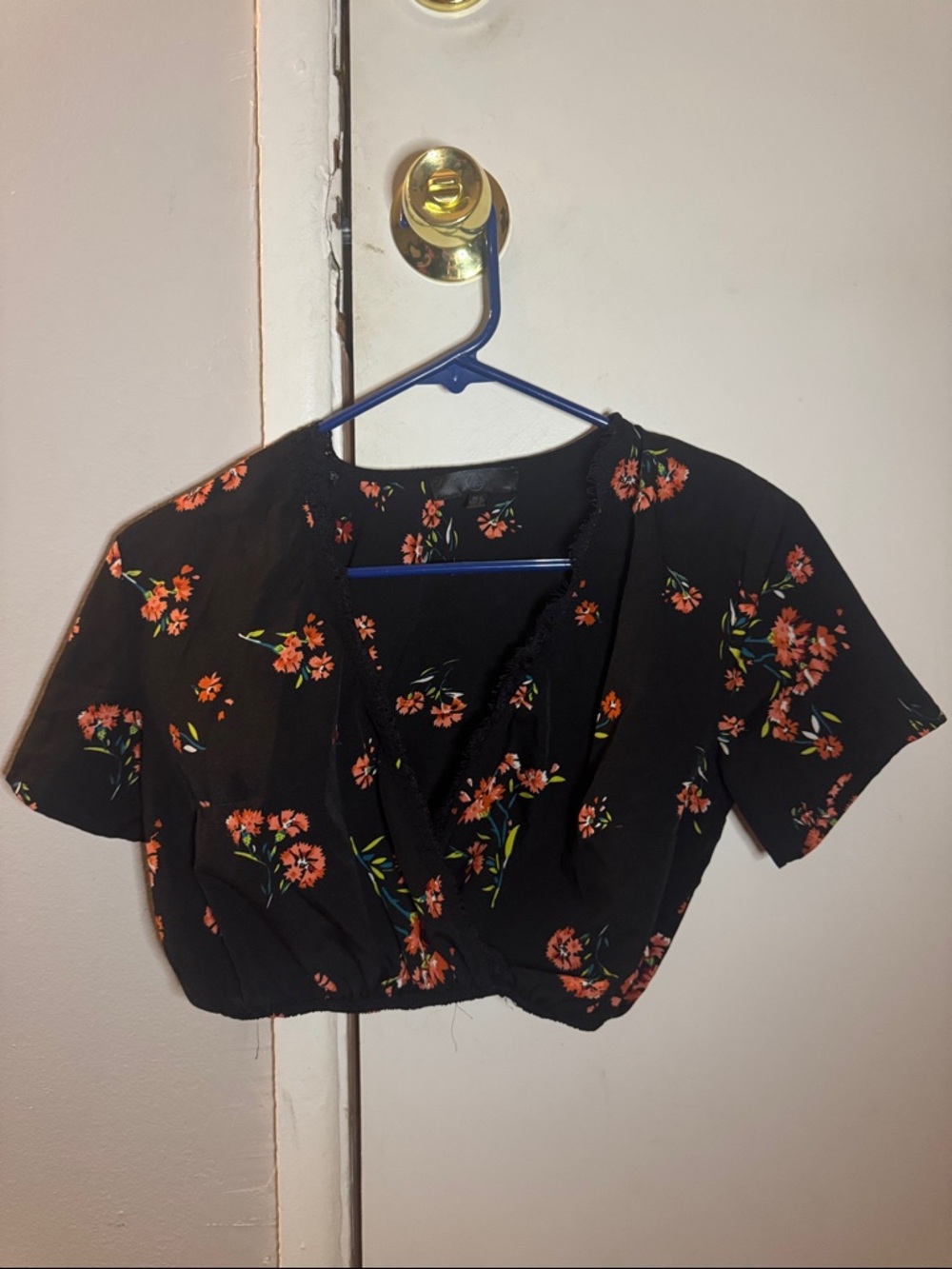 Floral Wrap Crop Top - Black with Coral Flowers V Neck